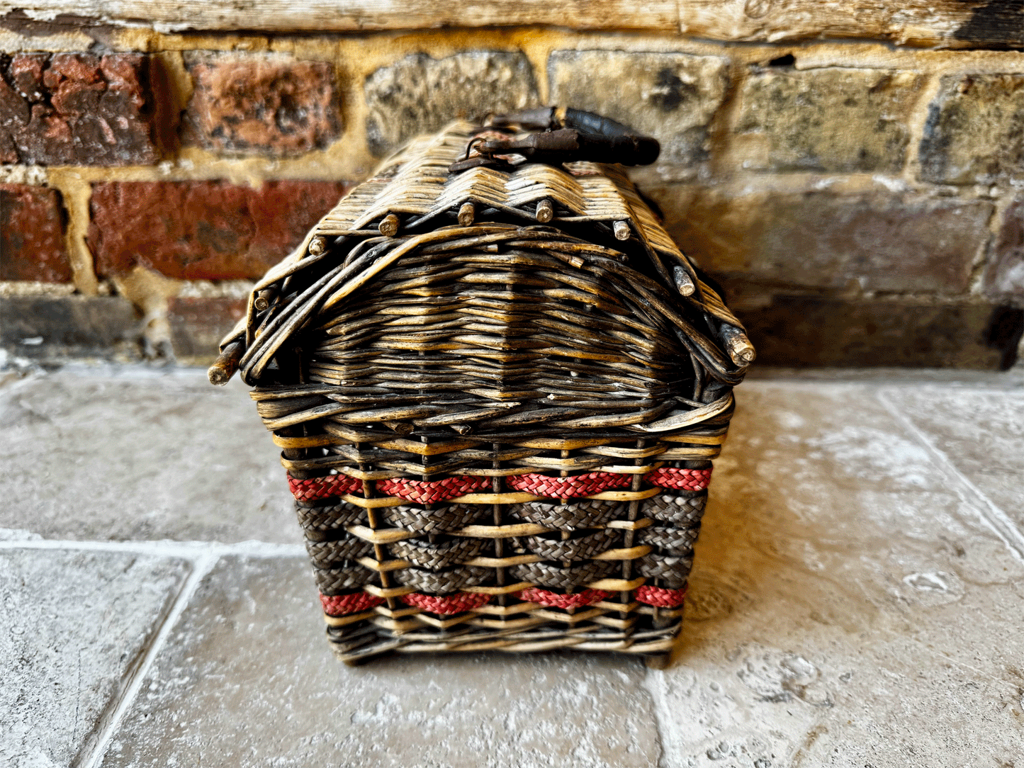 antique victorian small wicker picnic lunch basket leather handles