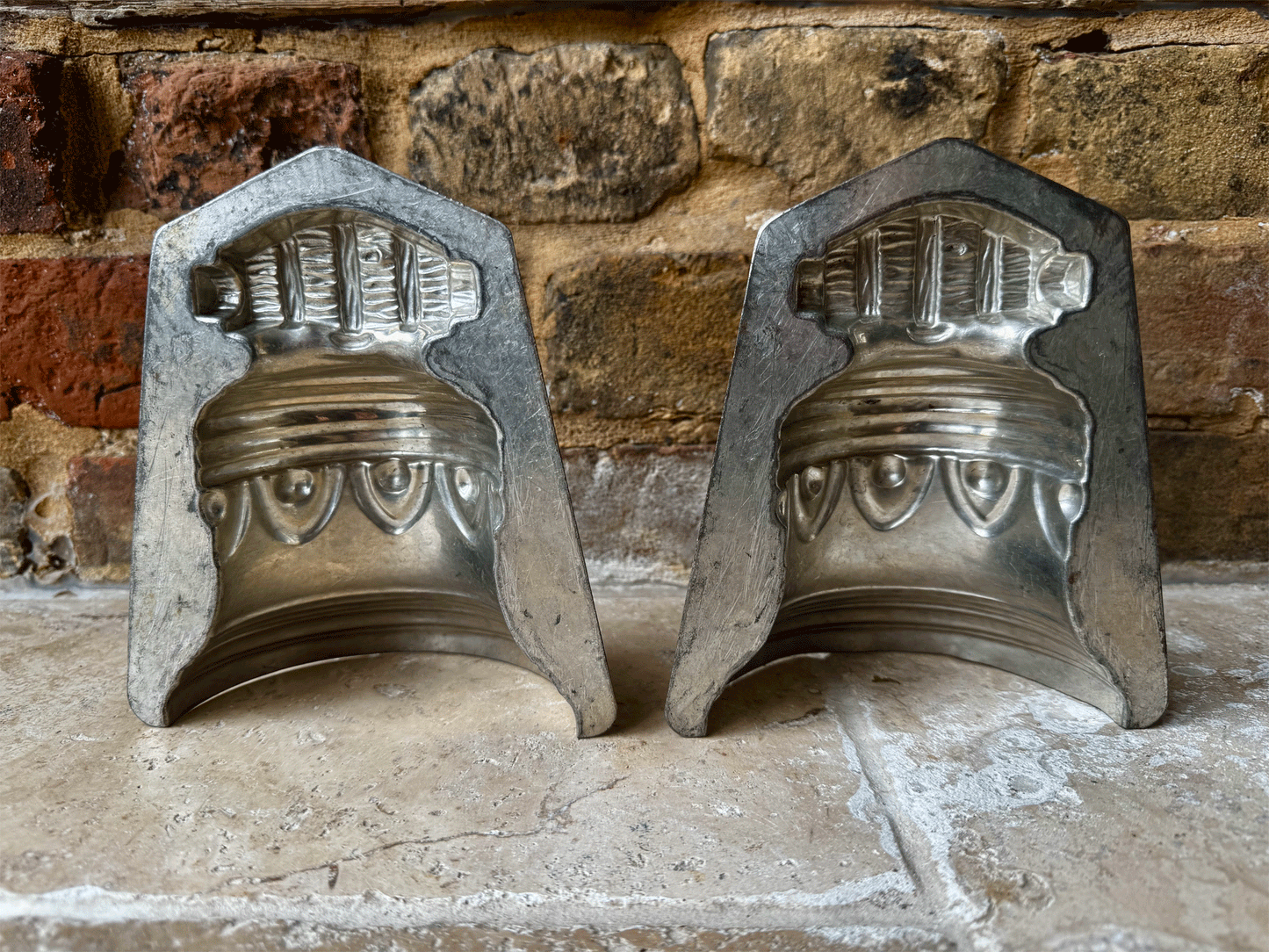 large vintage french decorative two piece bell shaped tin chocolate mould