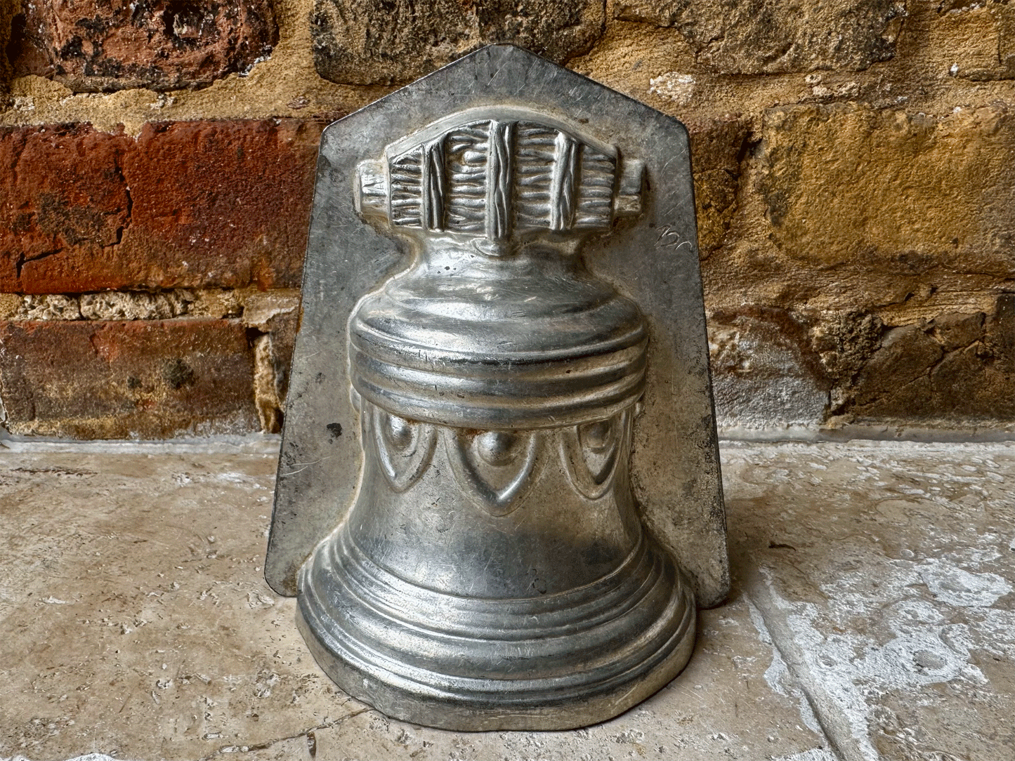 large vintage french decorative two piece bell shaped tin chocolate mould