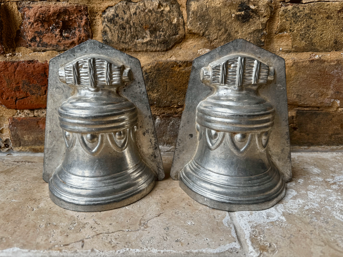 large vintage french decorative two piece bell shaped tin chocolate mould