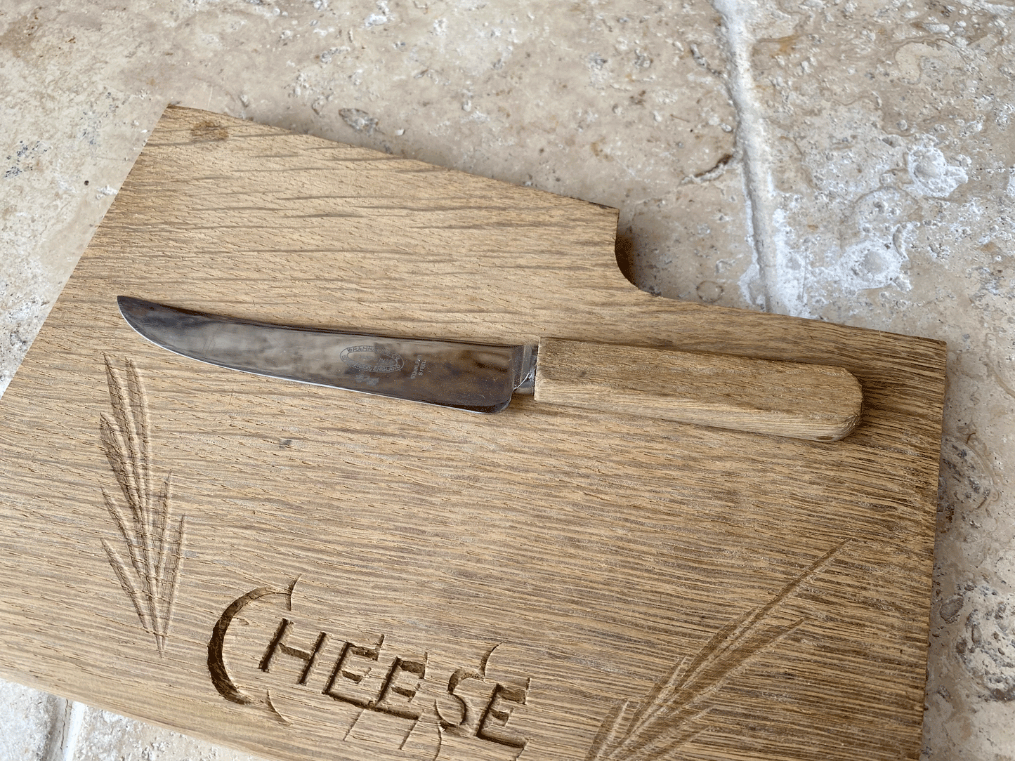 vintage carved wooden treen english cheese board knife set
