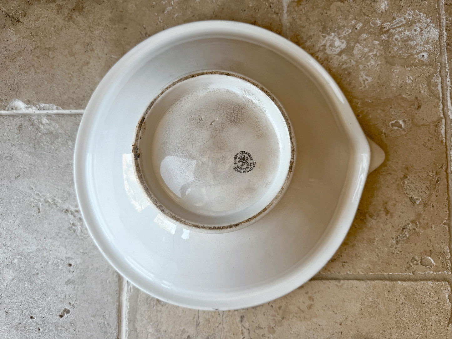 large antique white ironstone dairy bowl cream separator dairy milk bowl dutch societe ceramique