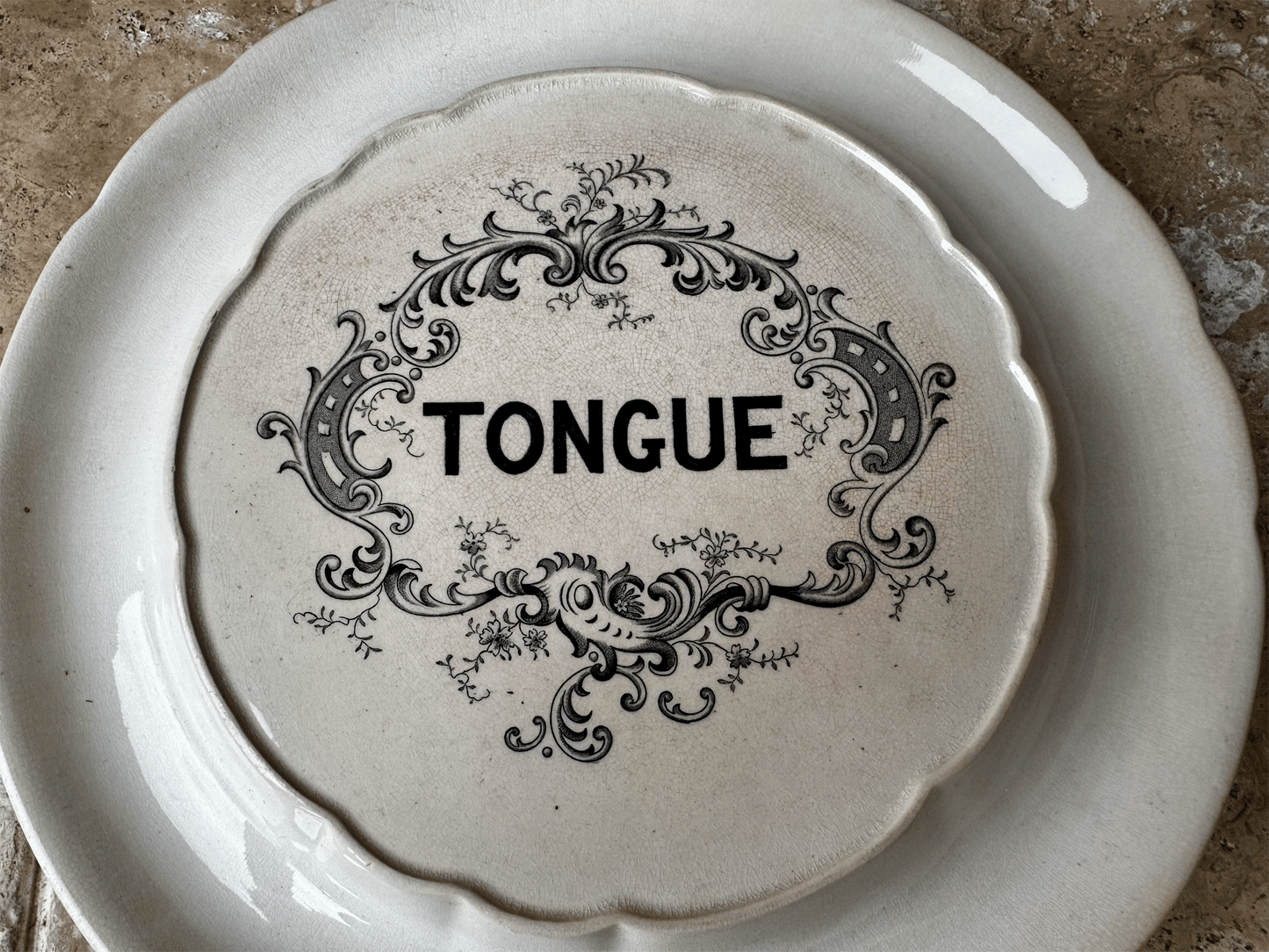 antique edwardian white ironstone black transfer print tongue shop display stand plate