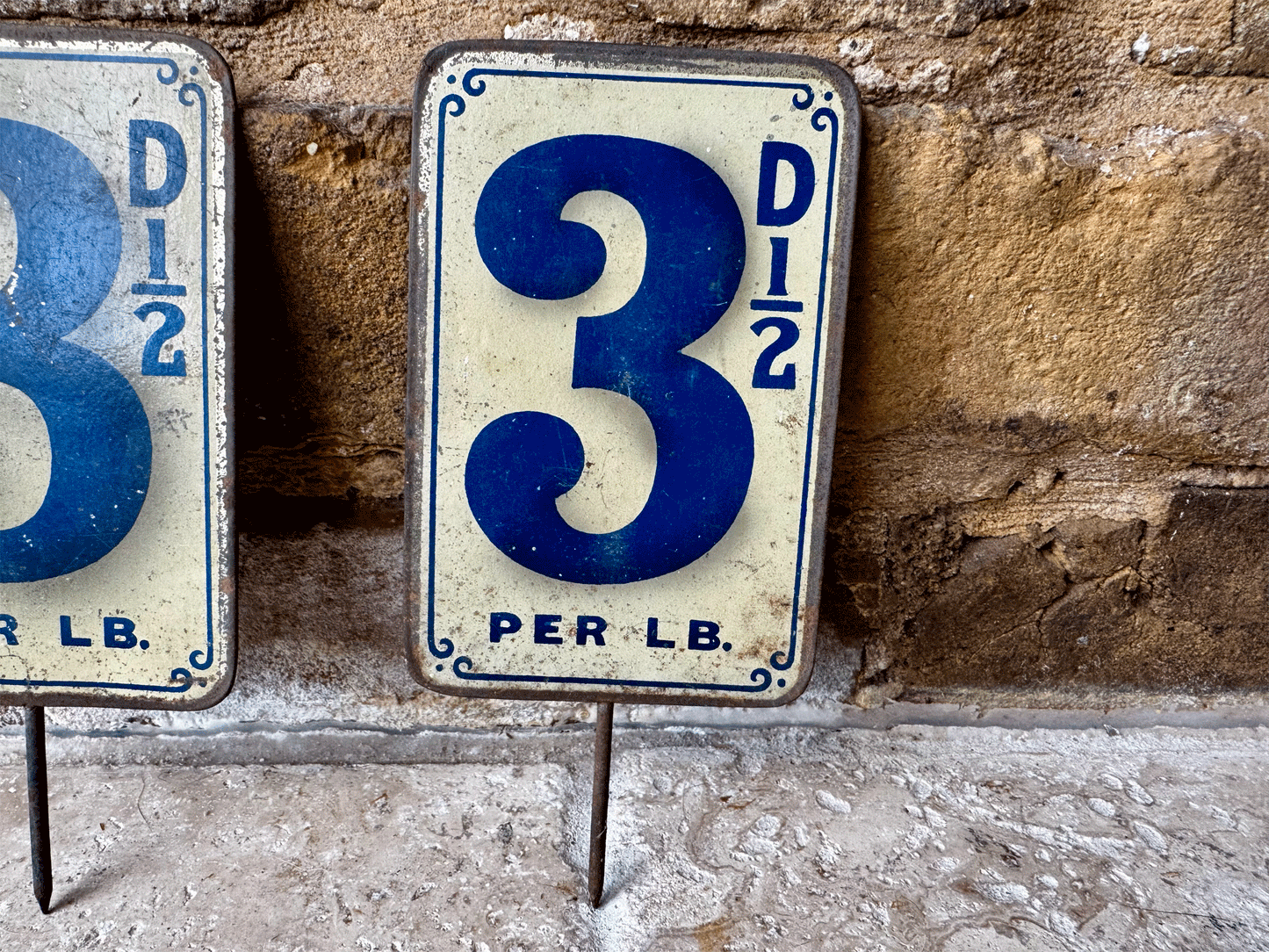 antique edwardian blue tin enamel 3 price sign grocers shop advertising spike