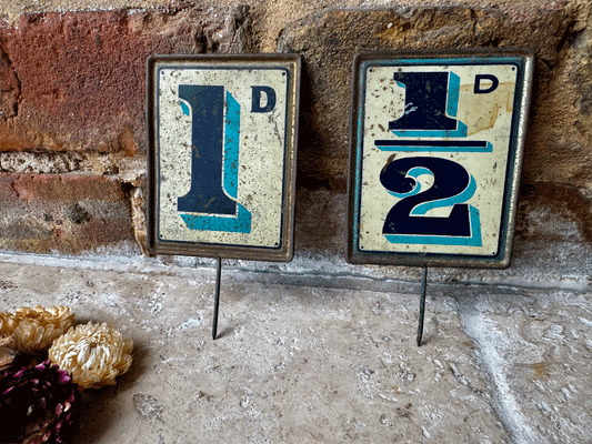 antique edwardian blue grocers shop advertising price spike sign