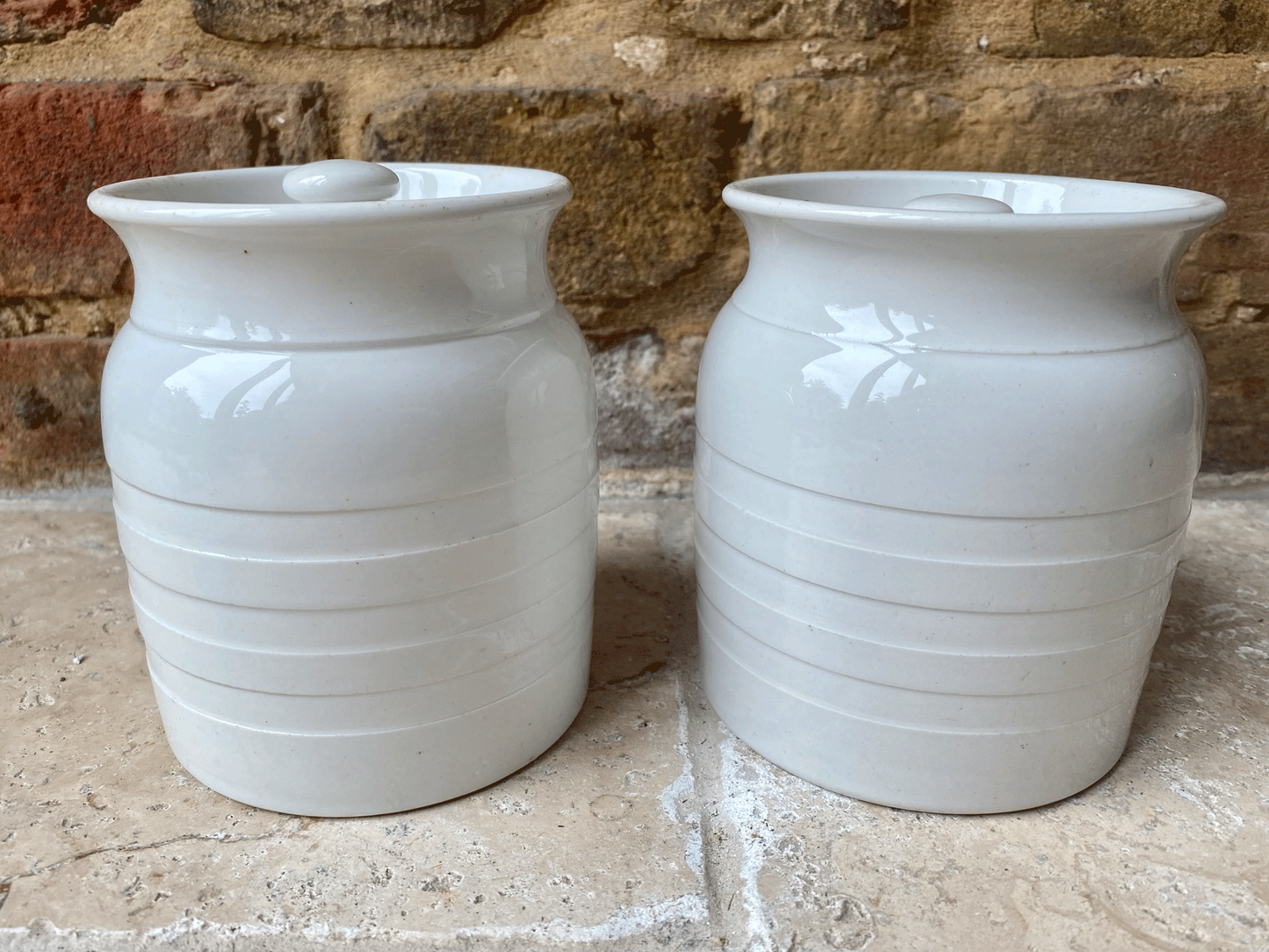 antique edwardian small rare banded white ironstone kitchen storage jar canister rice currants