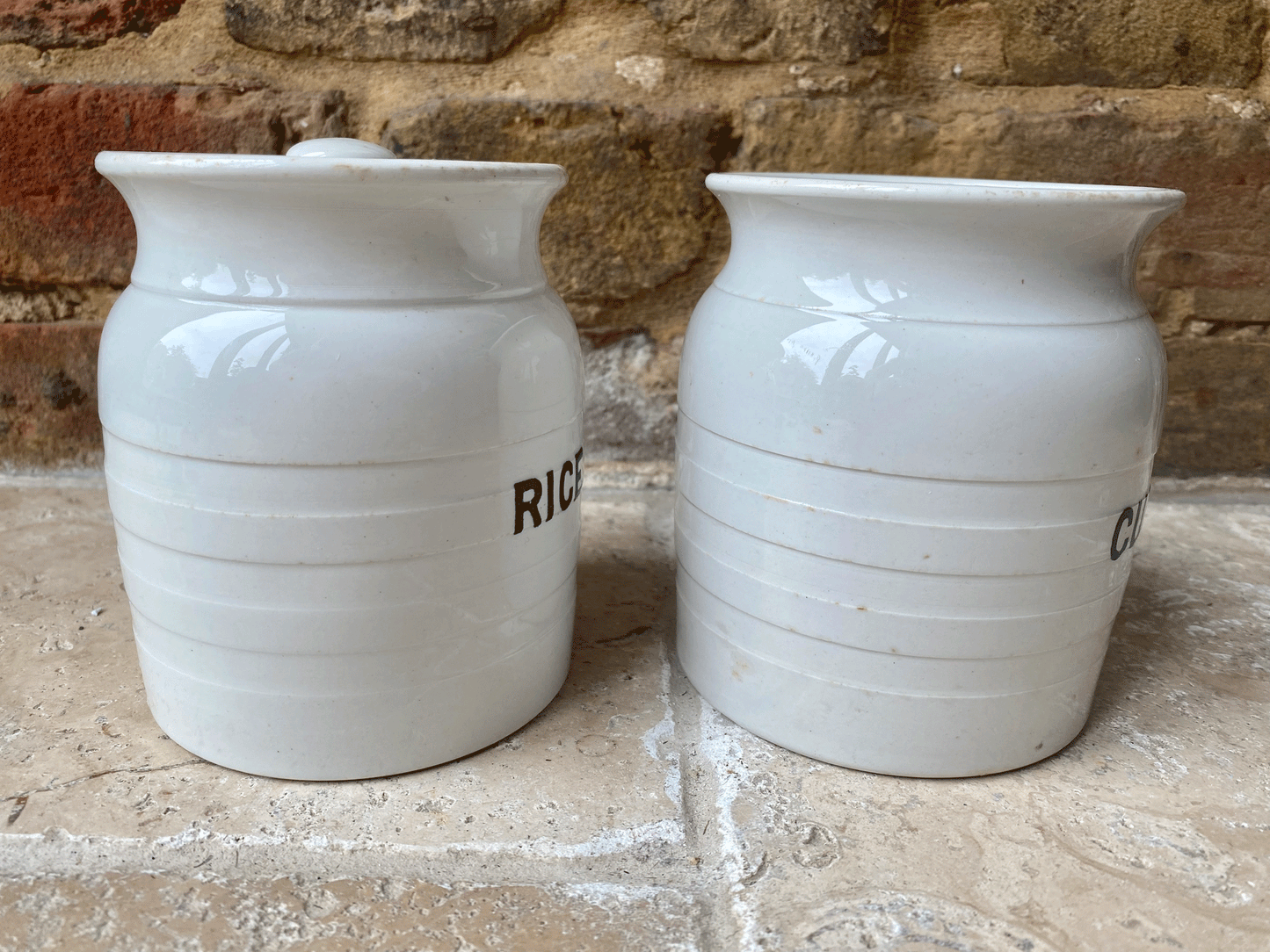 antique edwardian small rare banded white ironstone kitchen storage jar canister rice currants