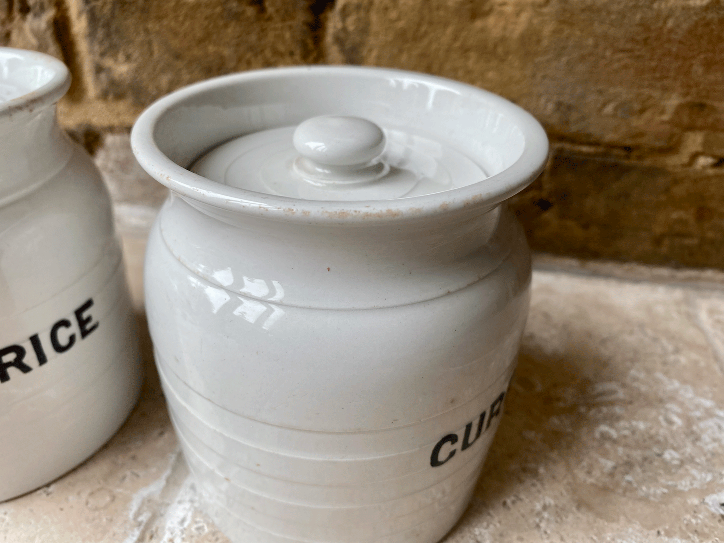 antique edwardian small rare banded white ironstone kitchen storage jar canister rice currants
