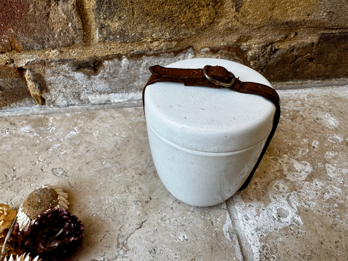 antique edwardian rare ironstone picnic butter preserve pot jar leather strap