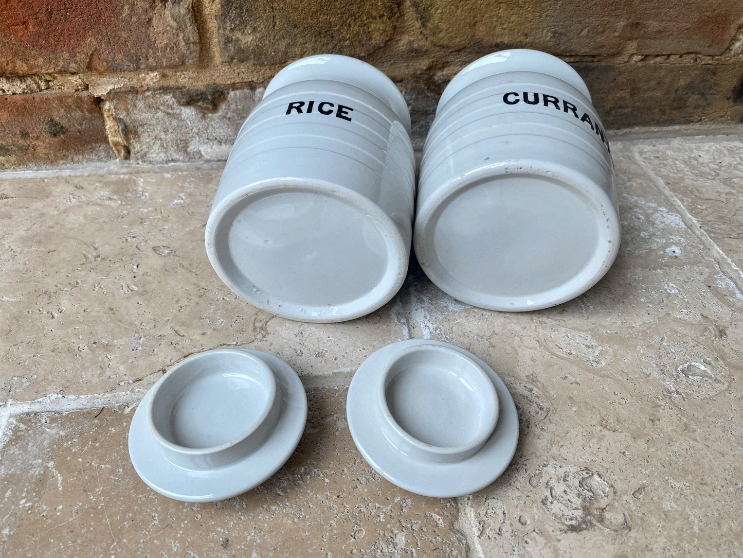 antique edwardian small rare banded white ironstone kitchen storage jar canister rice currants