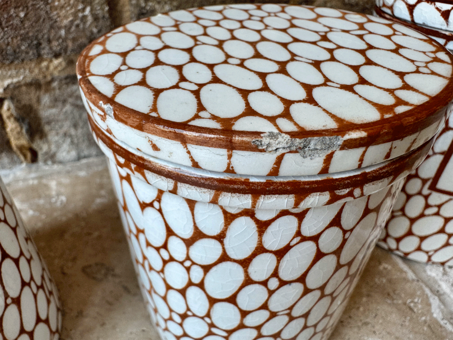 rare antique 1930s browb maling cobblestone small ironstone storage jar nutmeg cream tartar carbonate of soda