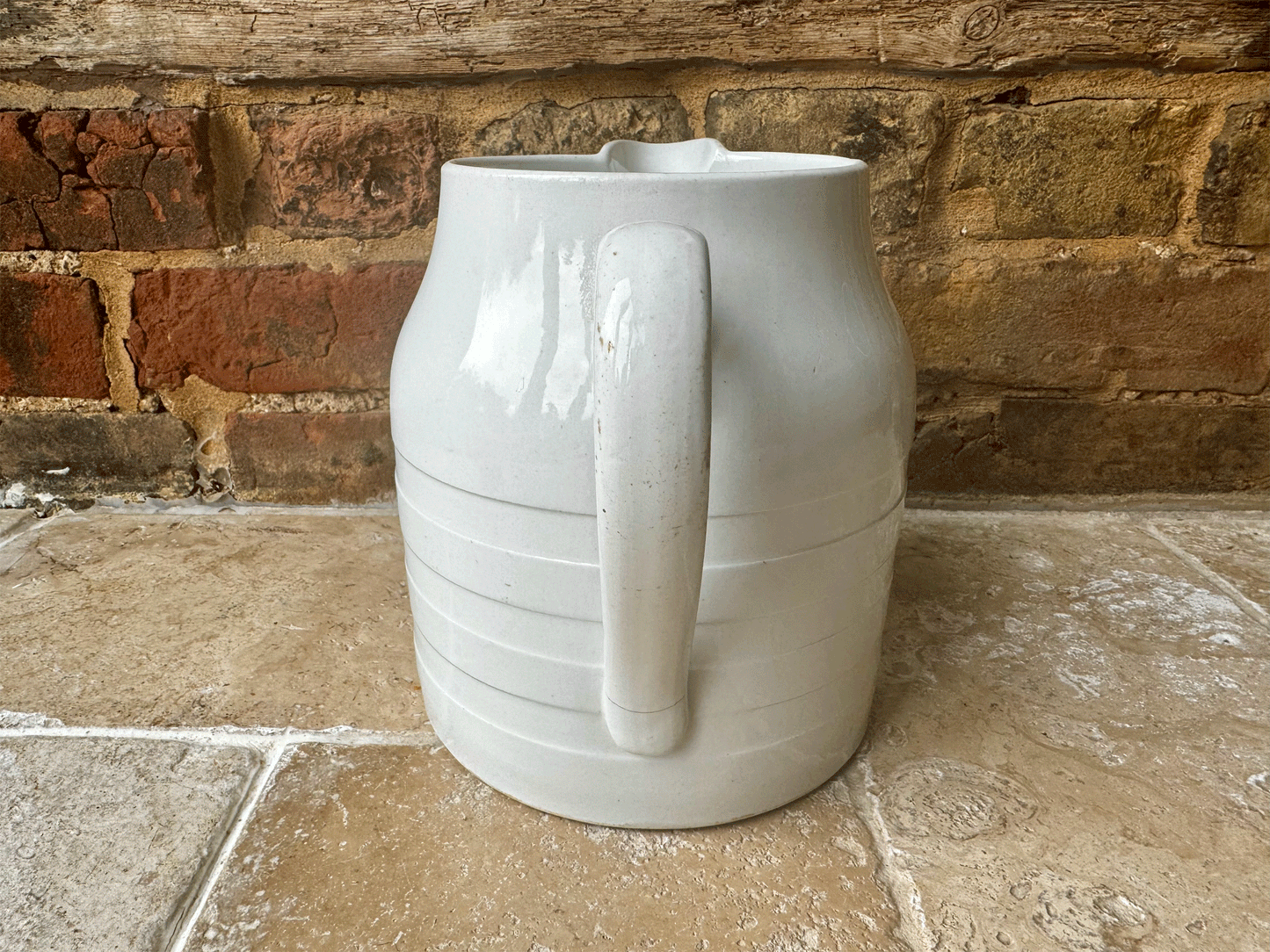 large antique edwardian white ironstone banded dairy jug vase