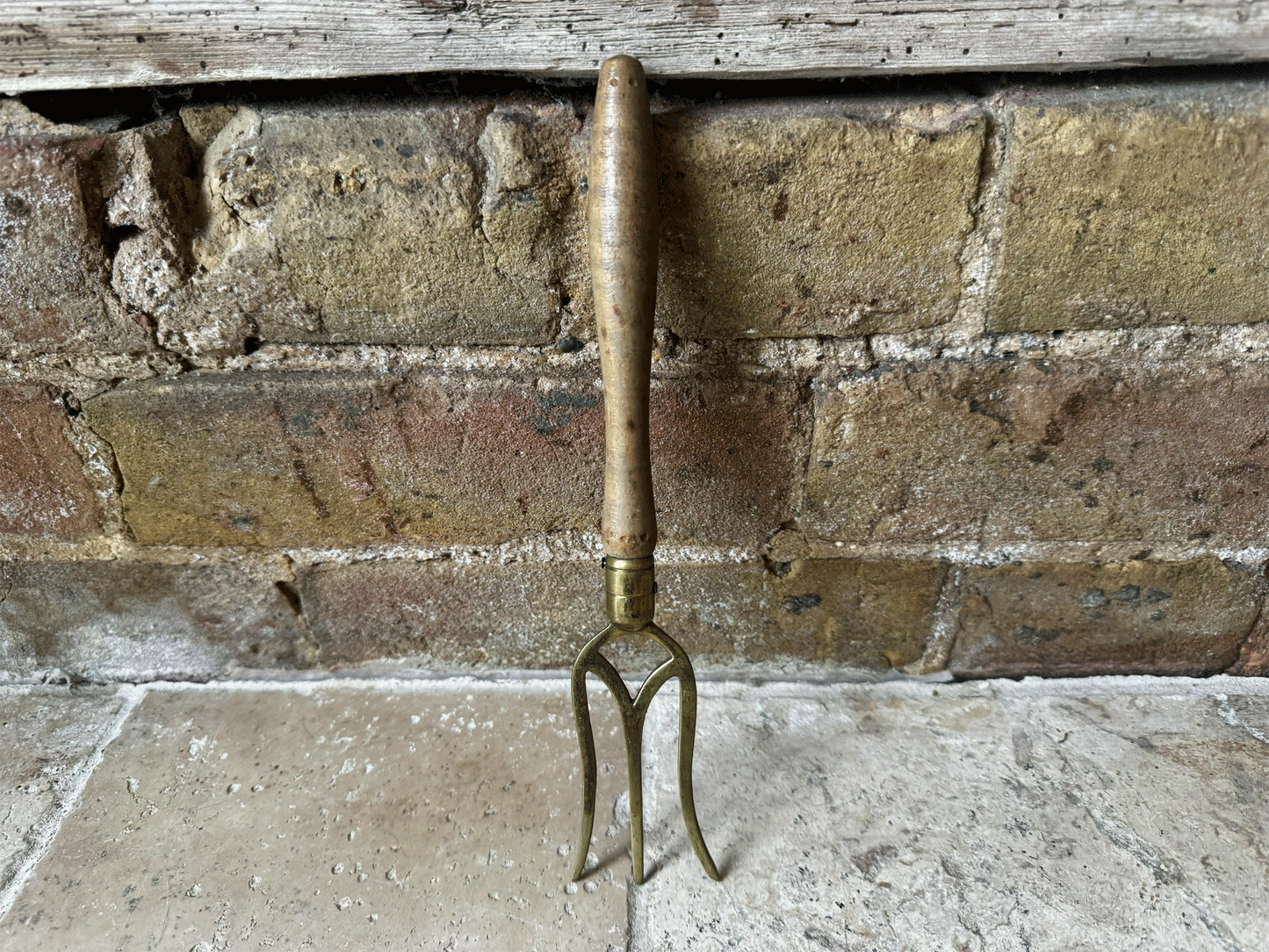 rare antique english carved wooden treen bread fork brass kitchen utensil
