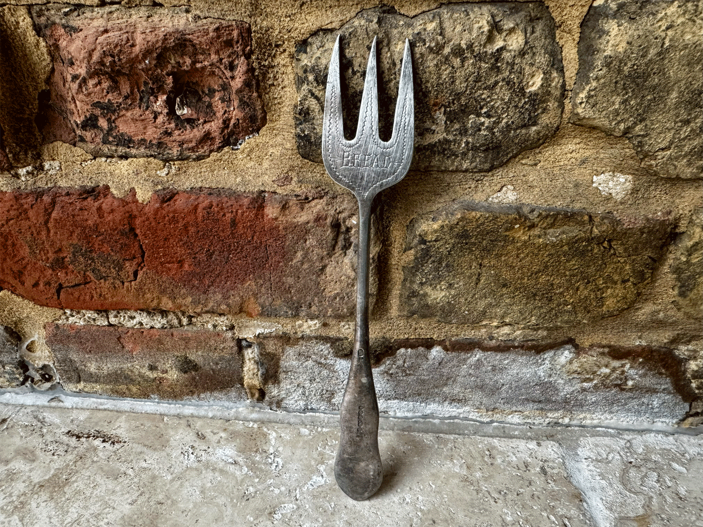 rare antique edwardian silver plated bread fork motto