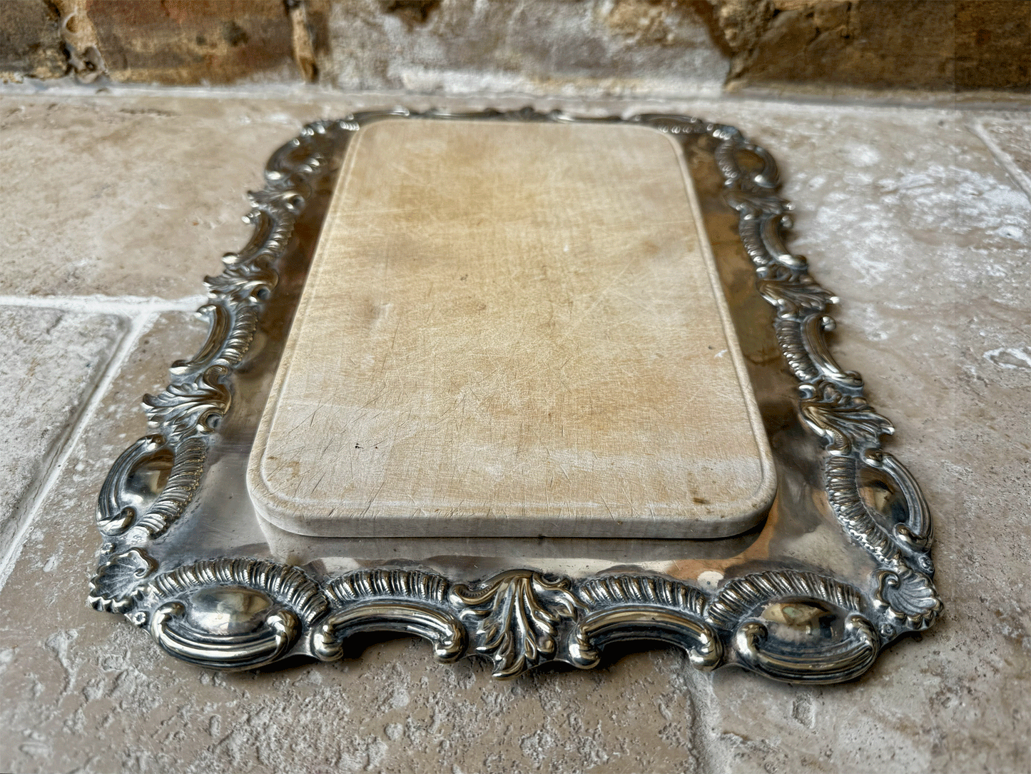 antique vintage english wooden treen breadboard silver plated liner plate harrison brothers howson