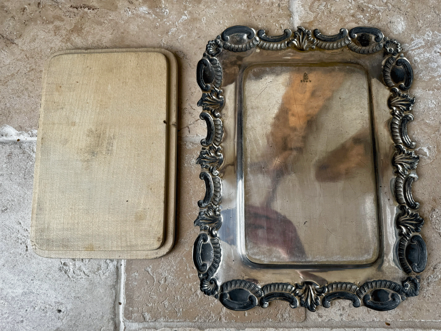 antique vintage english wooden treen breadboard silver plated liner plate harrison brothers howson