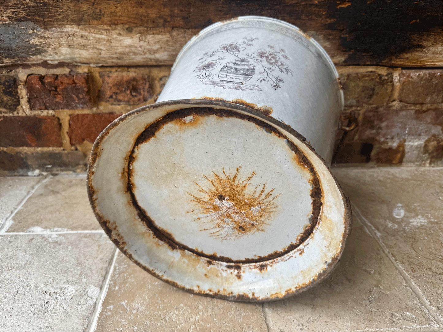 rare antique french large pink white enamel bucket floral decoration