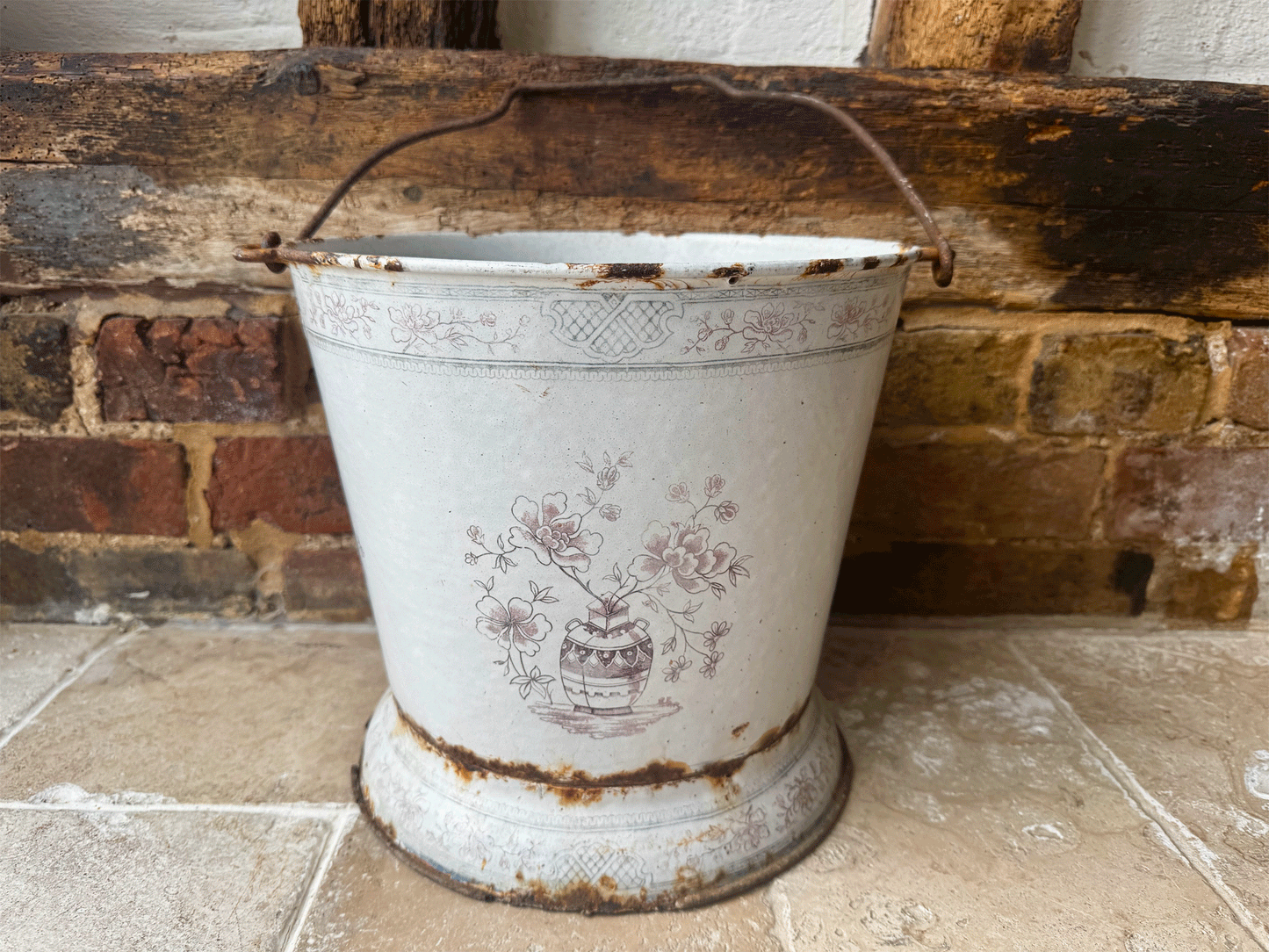 rare antique french large pink white enamel bucket floral decoration