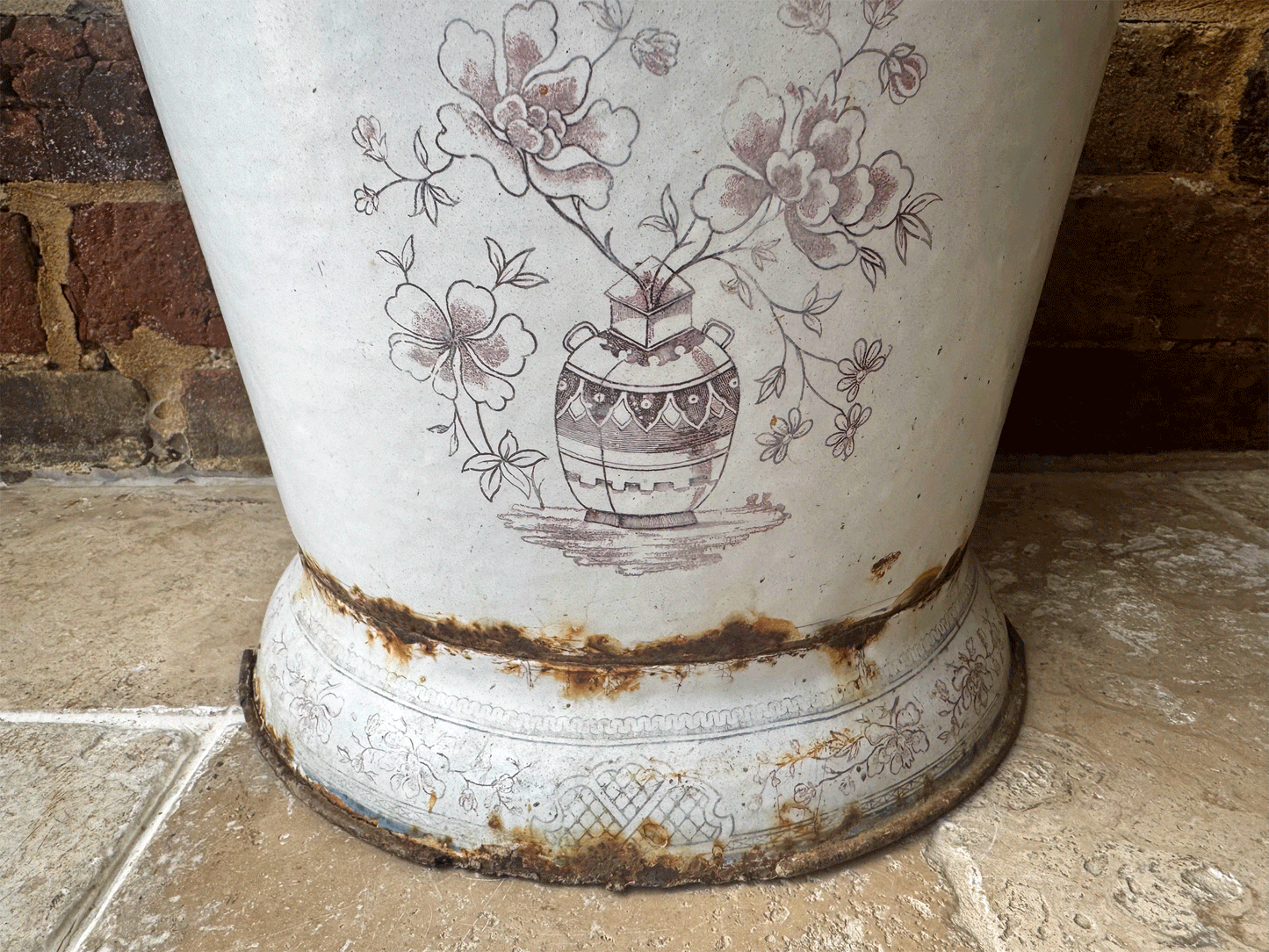 rare antique french large pink white enamel bucket floral decoration