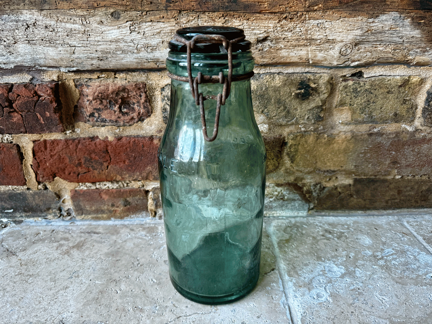 large antique french l'ideale brevetee sgdg large green canning bottle