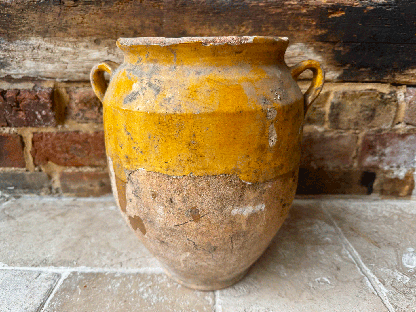 antique extra large 19th century timeworn provence yellow glaze terracotta stoneware confit pot