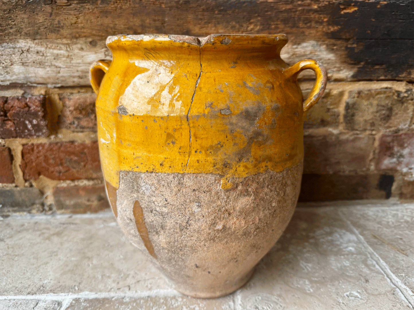 antique extra large 19th century timeworn provence yellow glaze terracotta stoneware confit pot