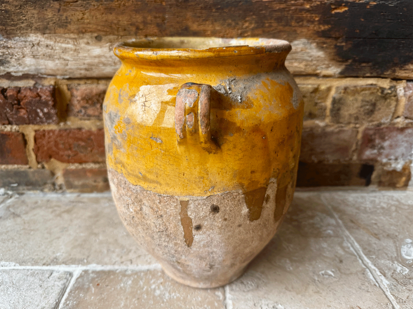 antique extra large 19th century timeworn provence yellow glaze terracotta stoneware confit pot