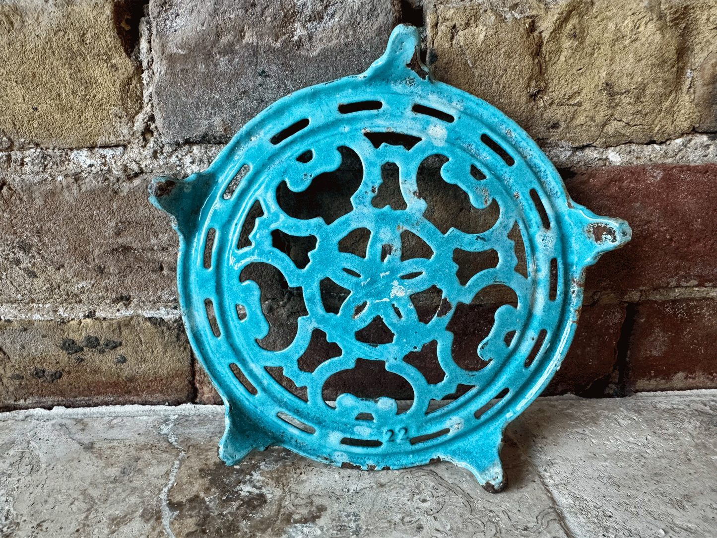 antique french aqua blue enamel pot stand trivet