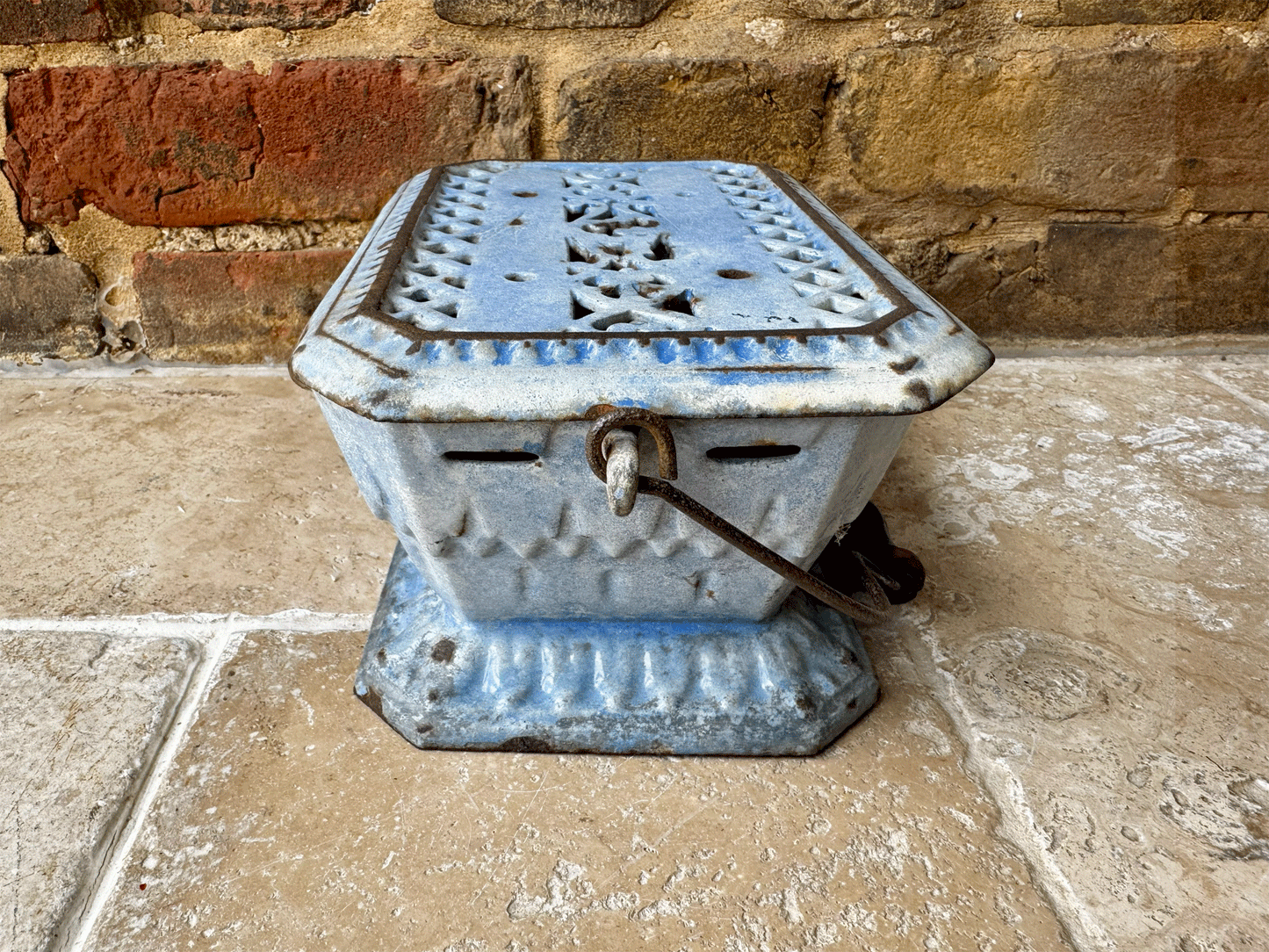 antique 19th century french chauferette foot warmer blue enamel