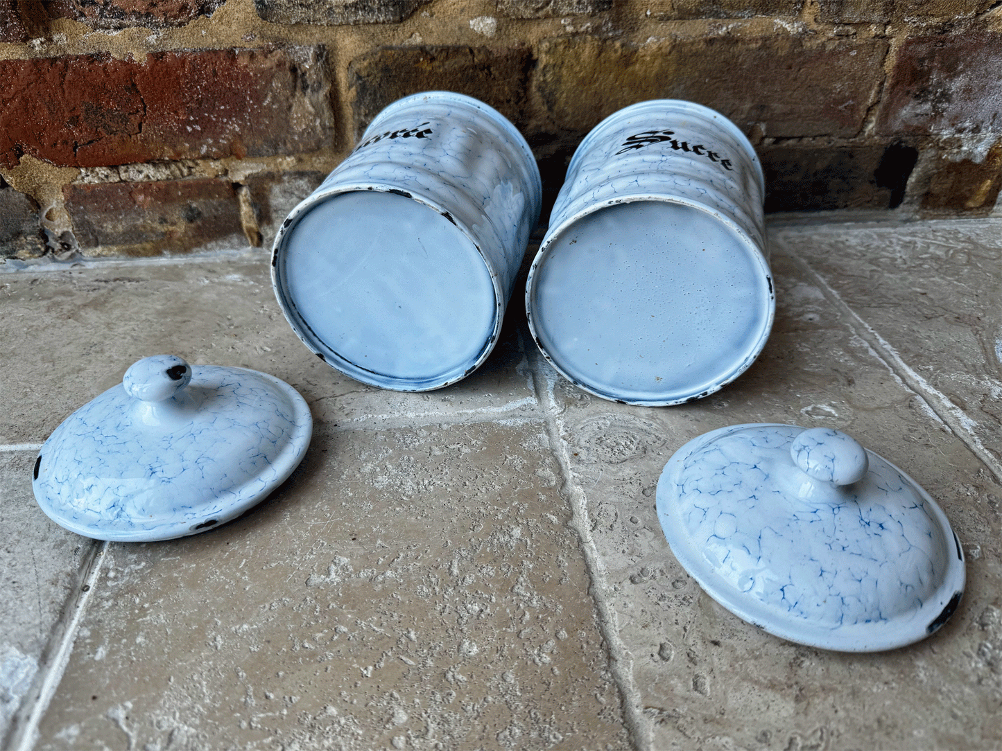 antique french enamel white blue canisters kitchen storage jars sucre chicoree