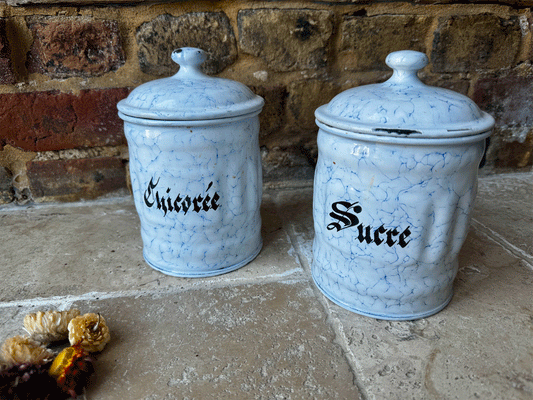 antique french enamel white blue canisters kitchen storage jars sucre chicoree