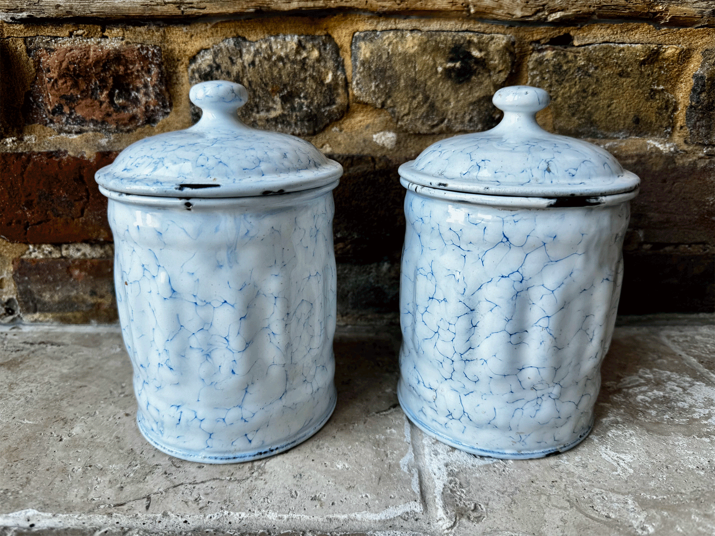 antique french enamel white blue canisters kitchen storage jars sucre chicoree