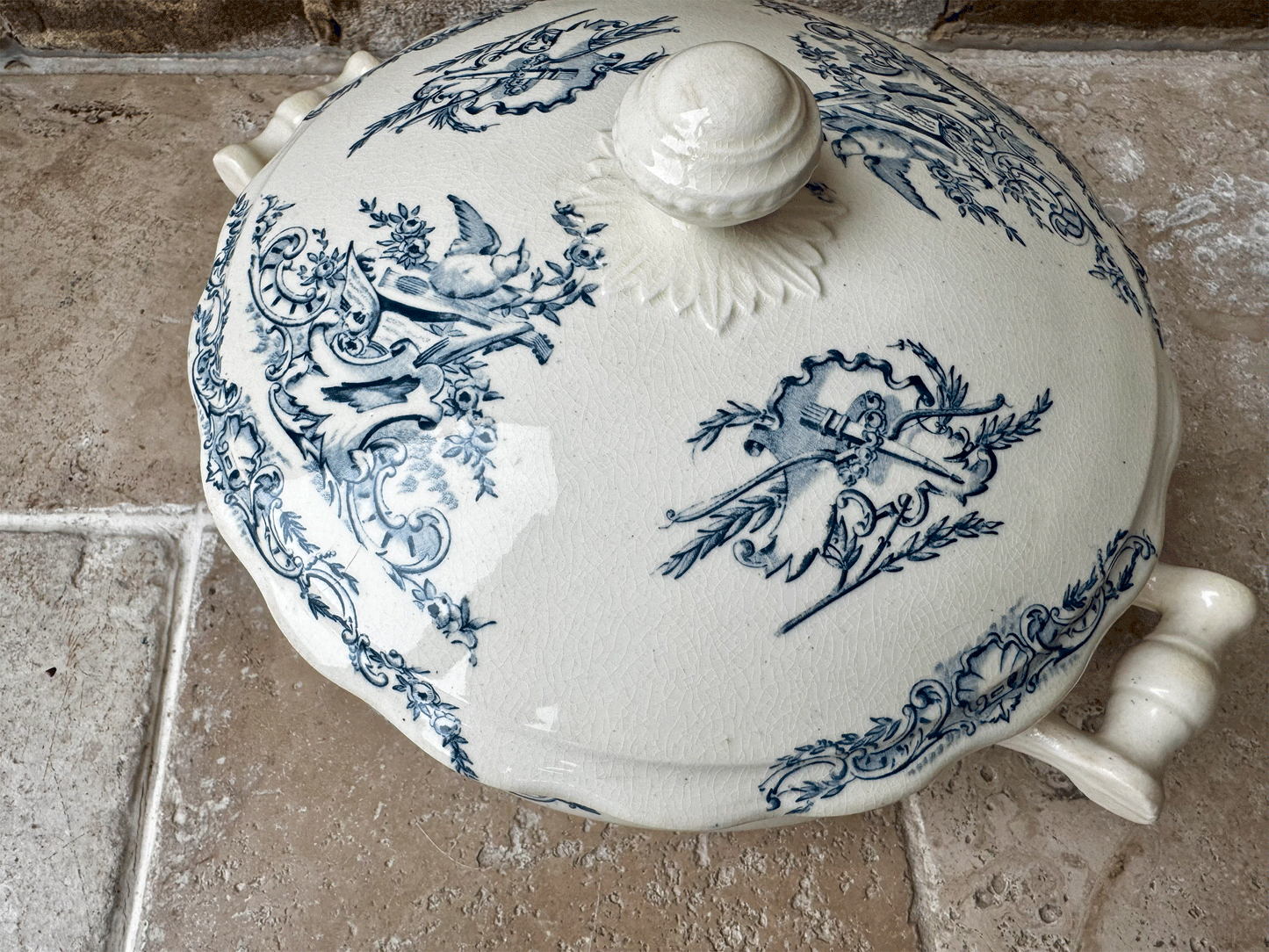 antique french buttery teal blue transferware soupiere songbirds music sheets florals pattern