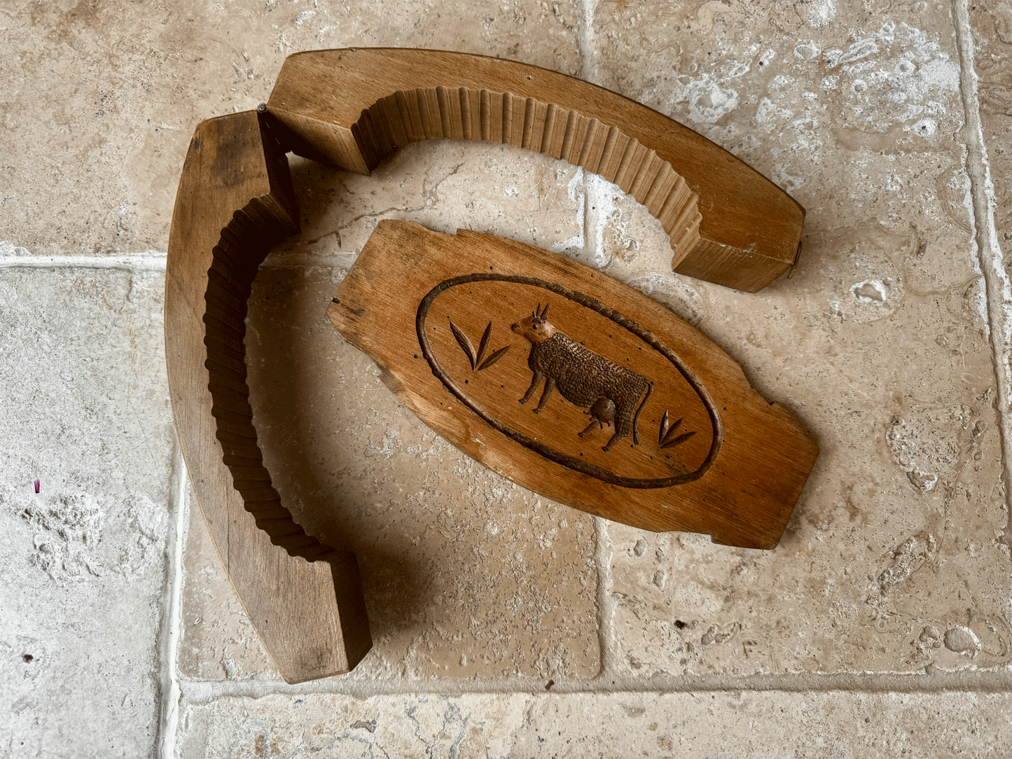 antique french carved wooden treen butter brick mould grazing cow