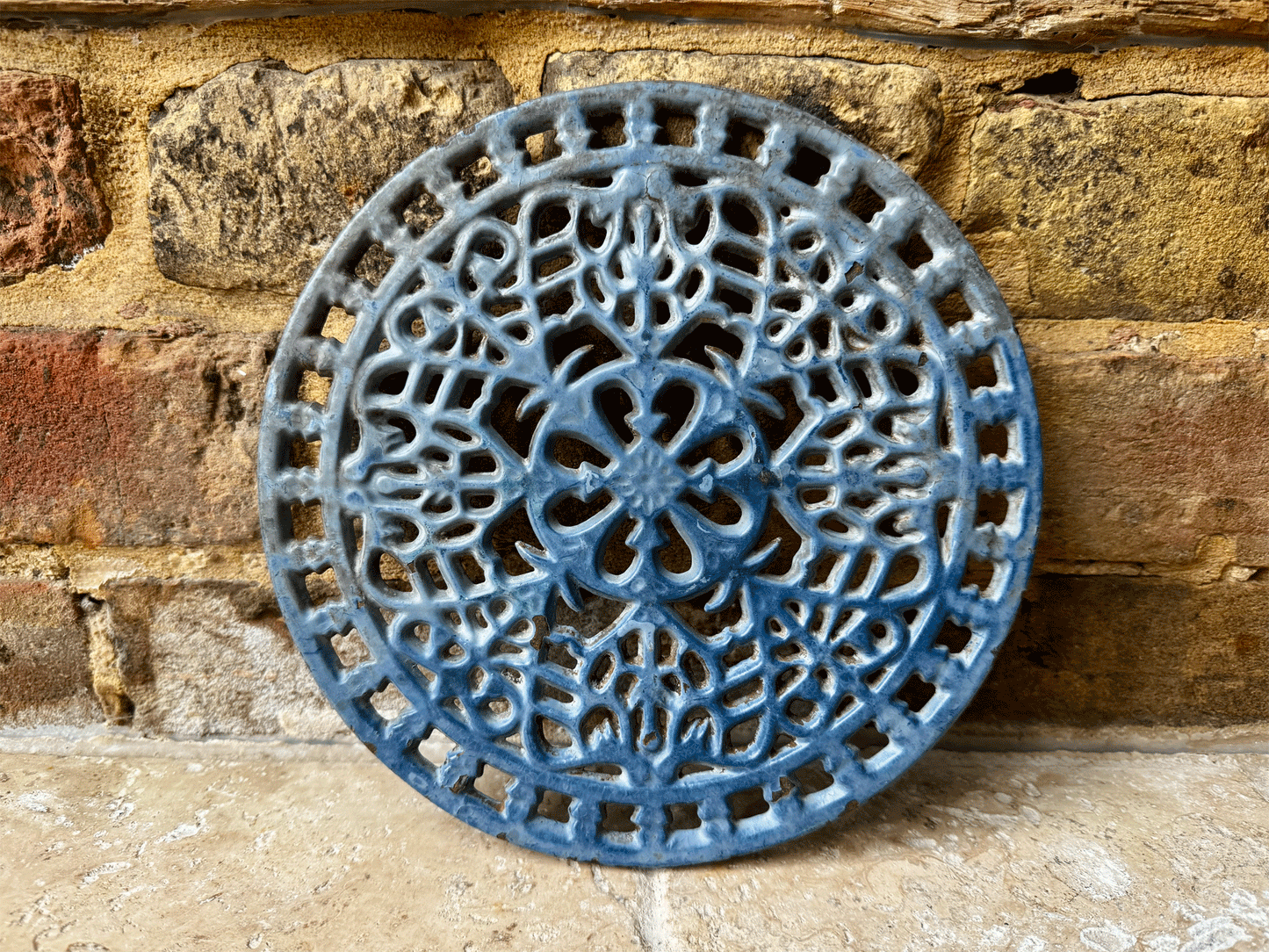 antique french blue enamel cast iron pot stand trivet cooling rack