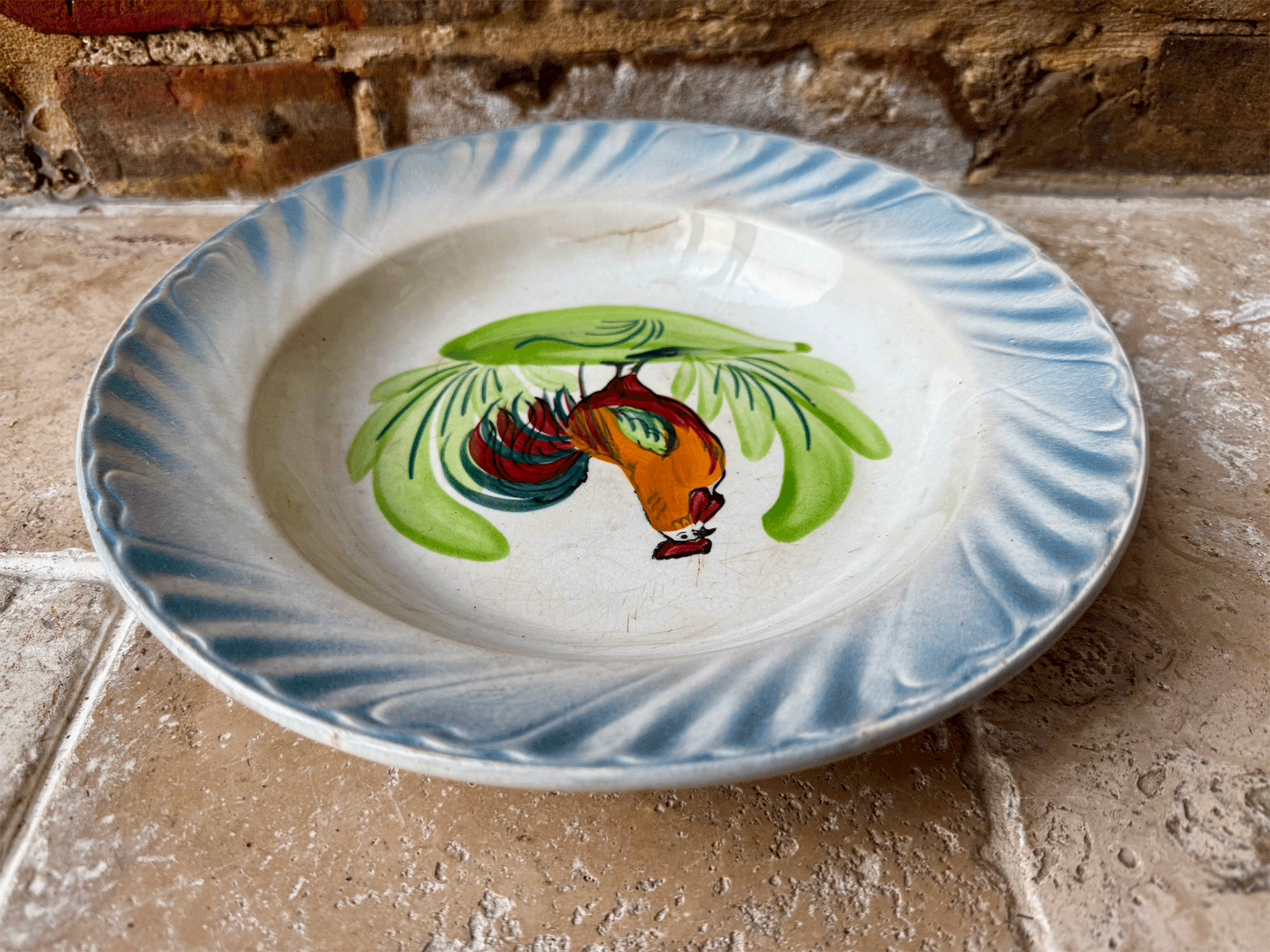 antique french large st amand serving bowl folk art hand painted chicken