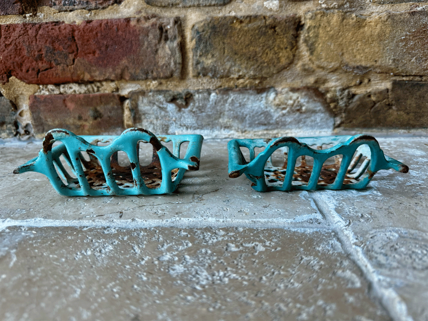 antique french chippy turquoise enamel cast iron soap dish