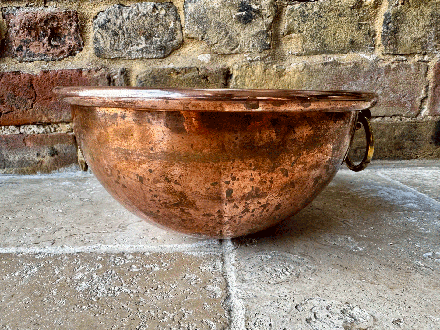 antique french copper egg whisking mixing bowl brass handle