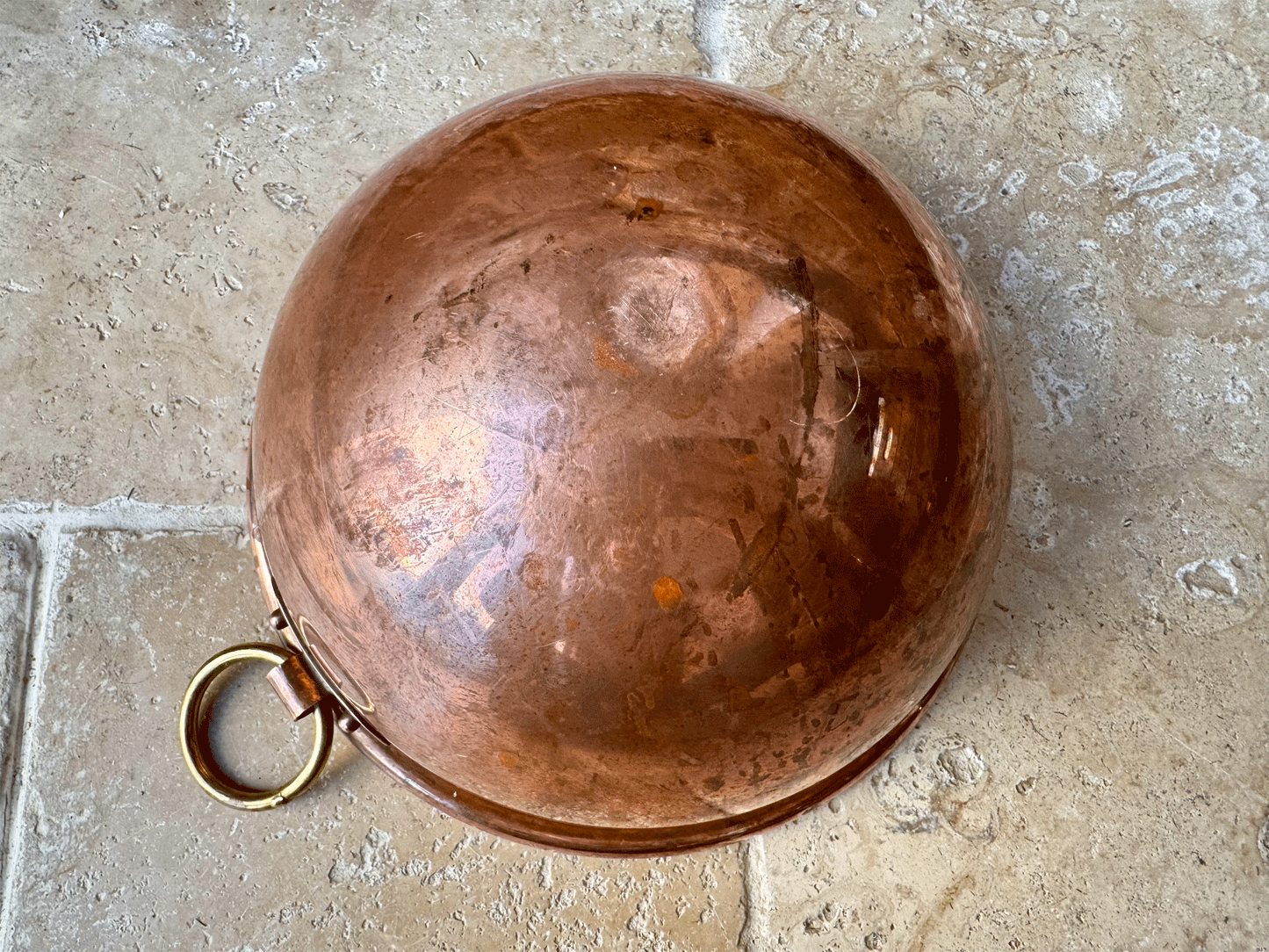 antique french copper egg whisking mixing bowl brass handle