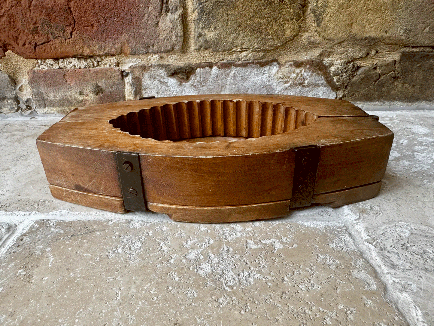 antique french country rustic wooden treen carved butter brick mould rosehips foliage