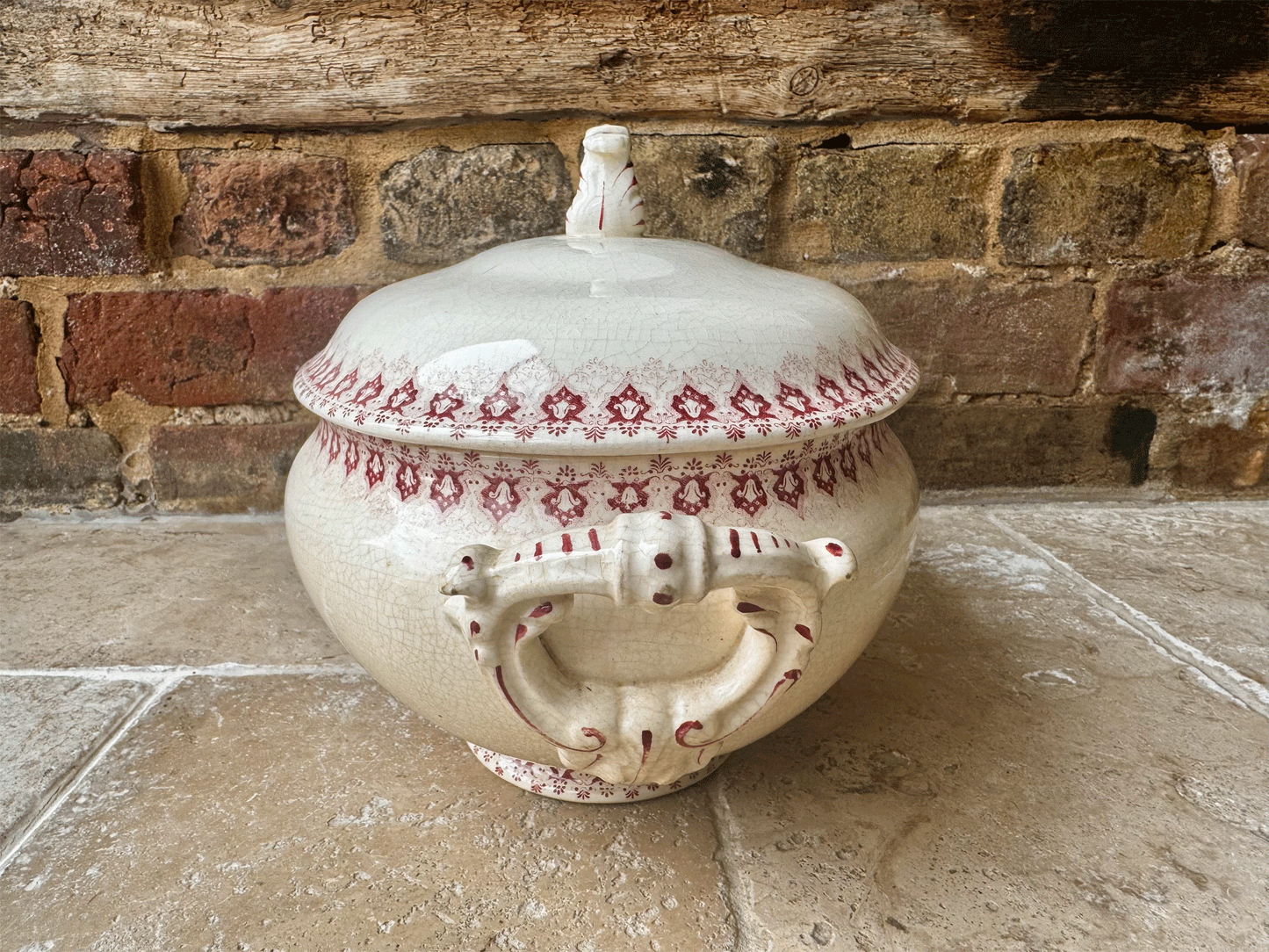 antique french large lidded pink red ironstone soupiere tureen choisy le roi boulanger terre de fer