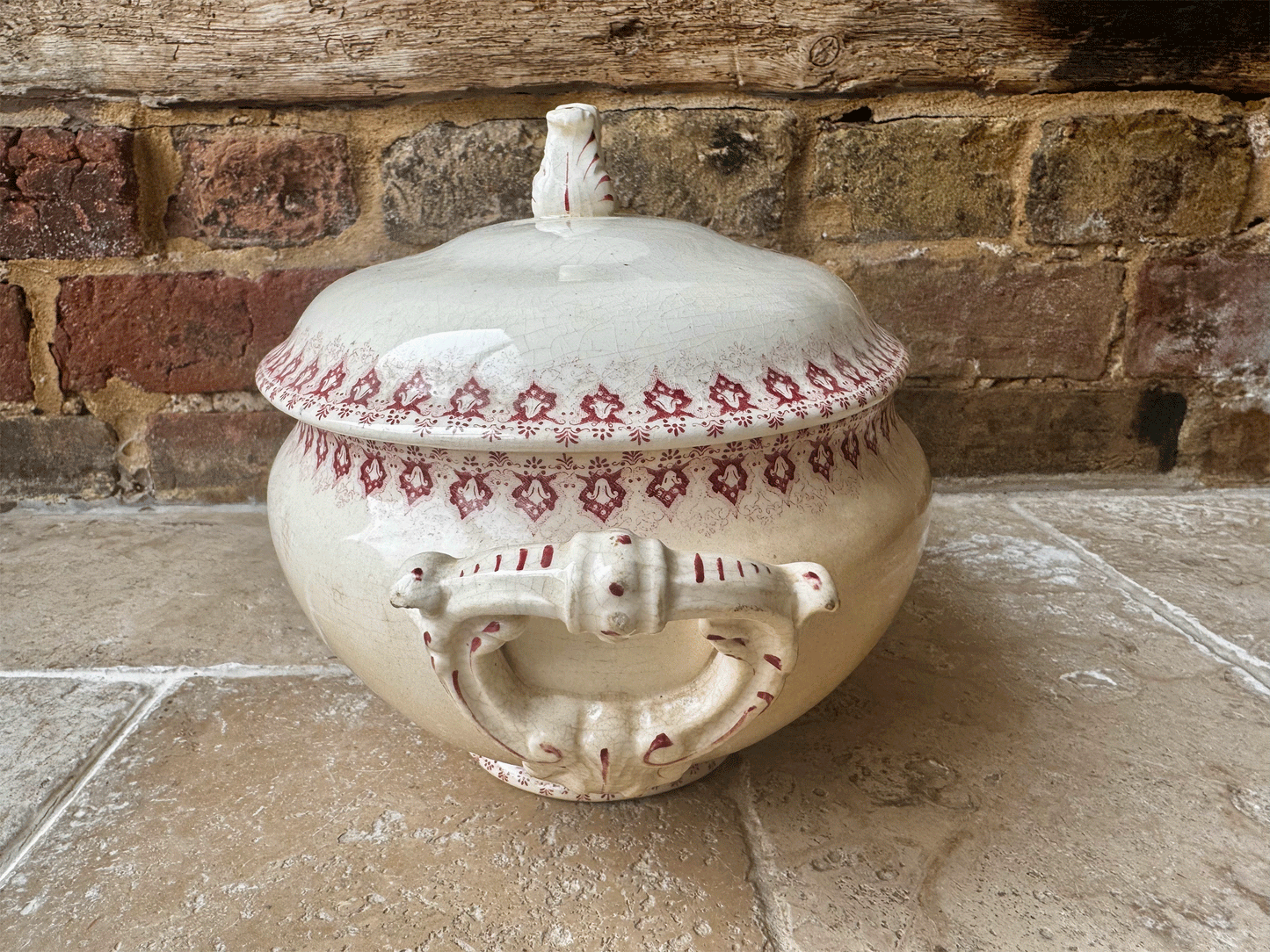 antique french large lidded pink red ironstone soupiere tureen choisy le roi boulanger terre de fer