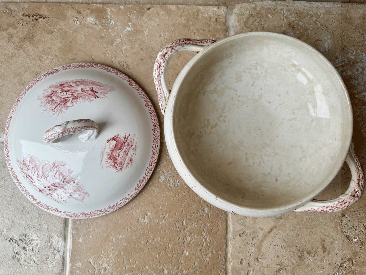 antique french pink transferware soupiere alaville st denis paris ironstone terre de fer country scenes