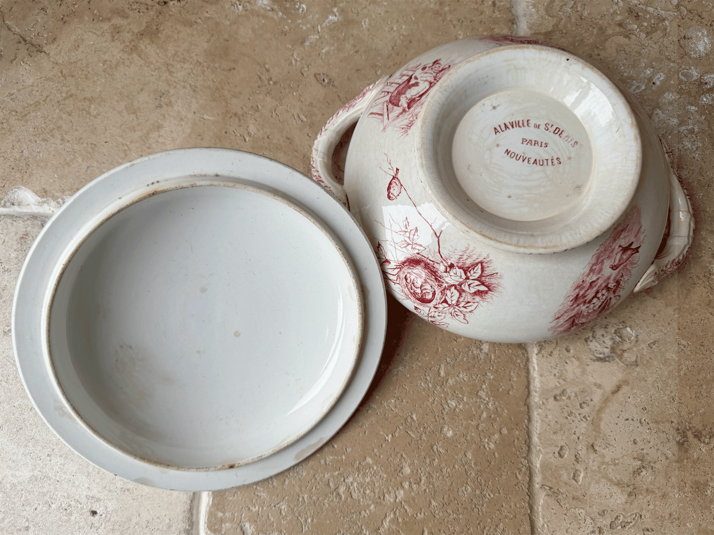 antique french pink transferware soupiere alaville st denis paris ironstone terre de fer country scenes