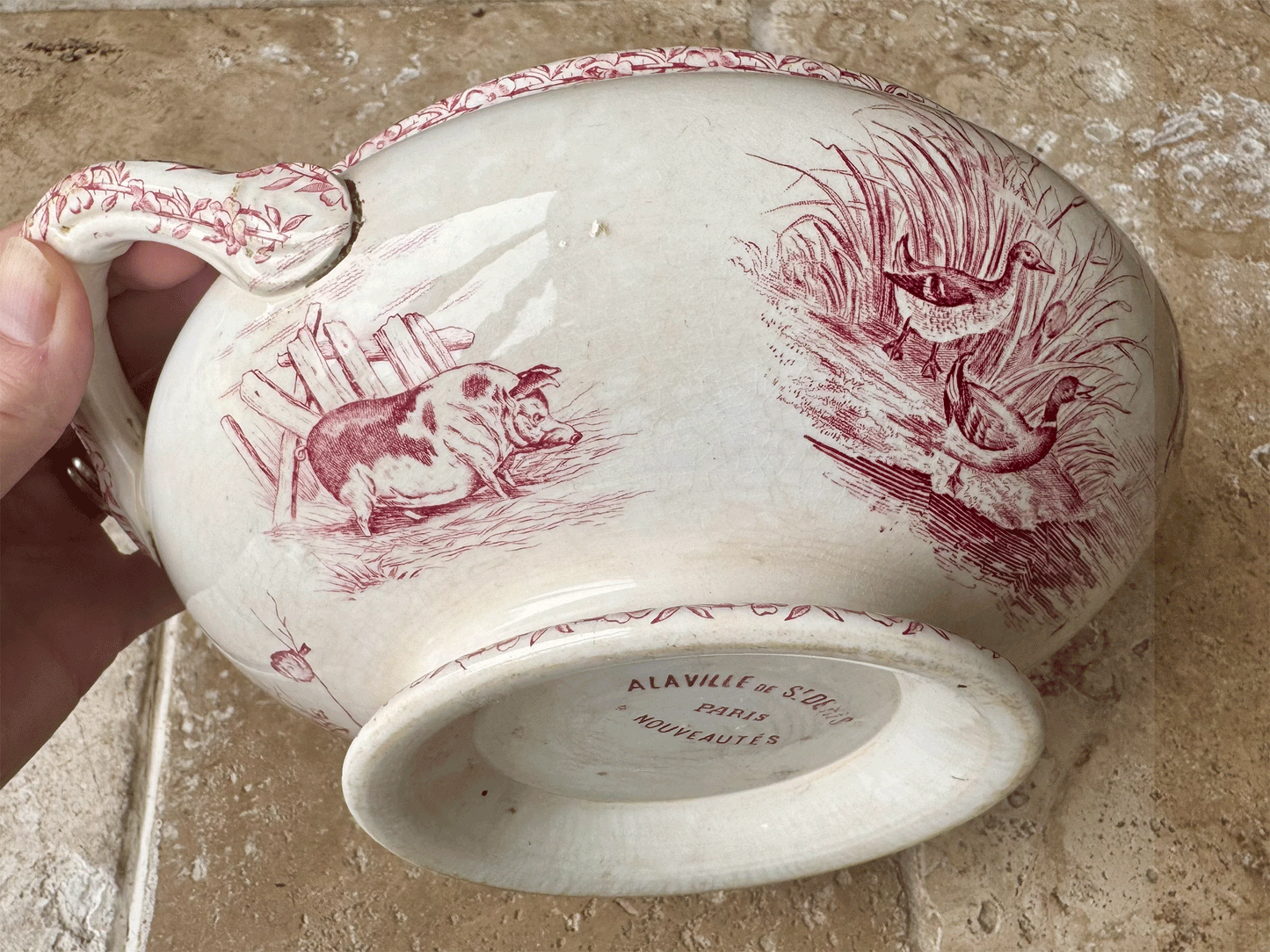antique french pink transferware soupiere alaville st denis paris ironstone terre de fer country scenes