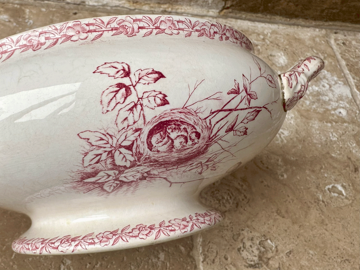 antique french pink transferware soupiere alaville st denis paris ironstone terre de fer country scenes