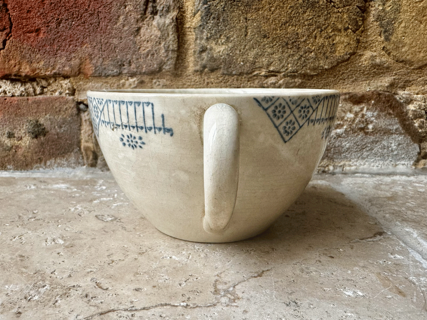 antique french rustic buttery crazed aged blue transferware coffee cup cafe au lait gien terre de fer ironstone