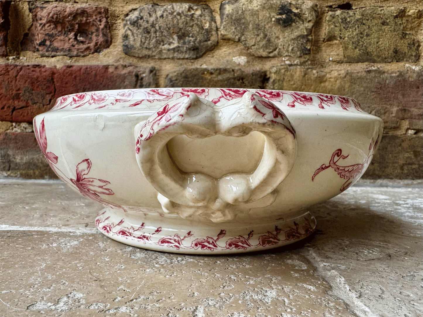 antique gien terre de fer ironstone passiflore pink transferware soupiere soup tureen bowl