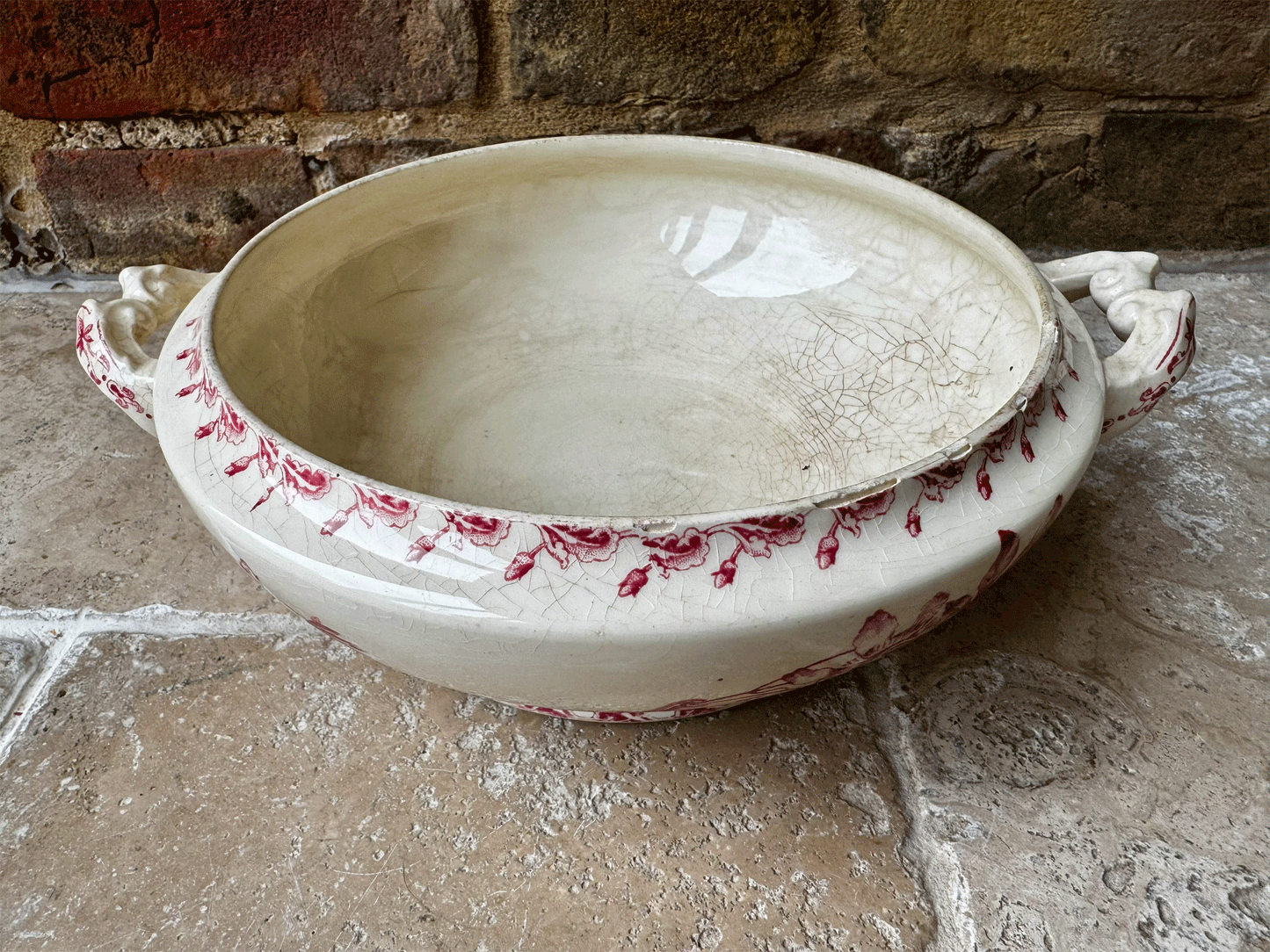antique gien terre de fer ironstone passiflore pink transferware soupiere soup tureen bowl