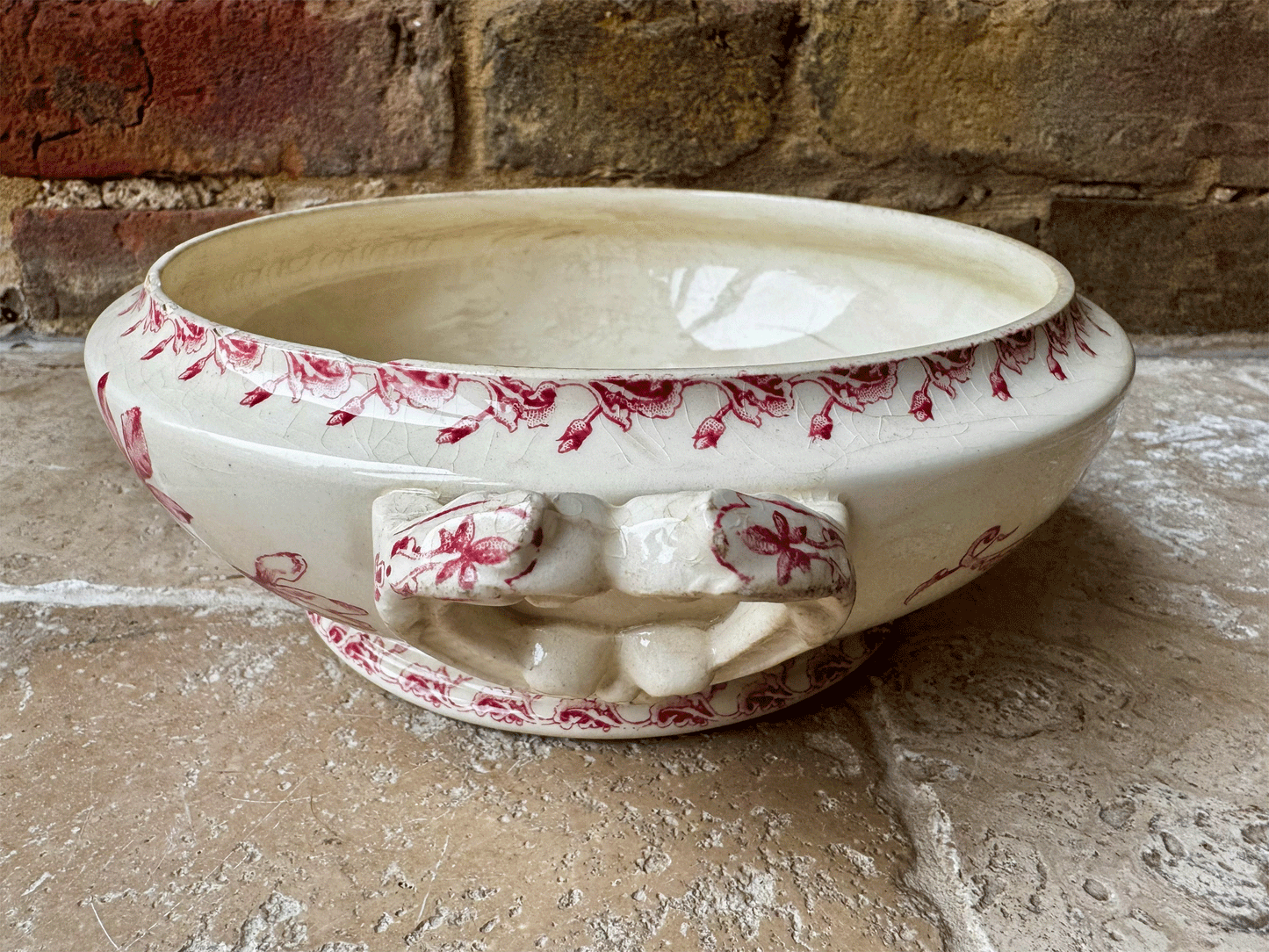 antique gien terre de fer ironstone passiflore pink transferware soupiere soup tureen bowl